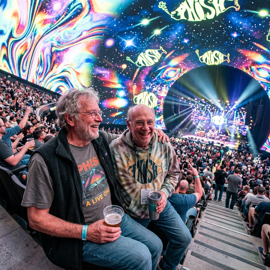 Two men smiling and holding drinks at a crowded Phish concert with colorful psychedelic visuals on the big screen.